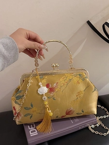 Nieuwe Chinese Stijl Borduurwerk Clutch Tas Vintage Metalen Frame Handtas Voor Vrouwen Satijn Bloem Crossbody Tas Met Kwastje Ketting