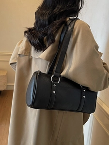 Vintage PU Leather Barrel Underarm Bag For Women Minimalist Solid Color Cylinder Shoulder Bag With Silver Rivet Decor