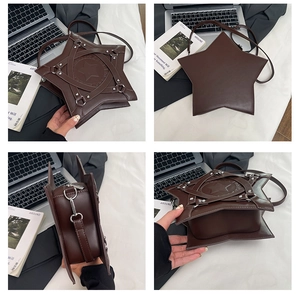 Detail view of star-shaped crossbody bag with silver rivets and textured PU leather
