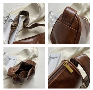Détails du sac en cuir PU marron avec bandoulière tissée et accessoires dorés mats