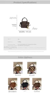 Detailed size specifications and material chart for woven PU leather crossbody handbags