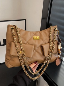 Brown quilted chain shoulder bag with double pockets and vintage wood bead charm