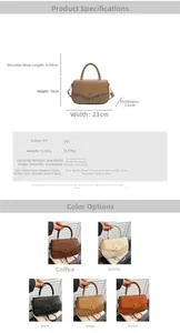 Size guide for PU leather quilted handbag showing 23x15x7.5cm dimensions and color options