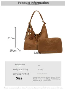 Brown faux suede hobo bag set with dimensions 32x31x10cm showing size and weight details