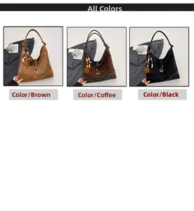 Three suede hobo bags in brown, coffee, and black with retro wood bead tassels
