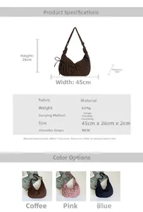 Tableau des tailles et spécifications du grand sac cabas à pois avec les dimensions