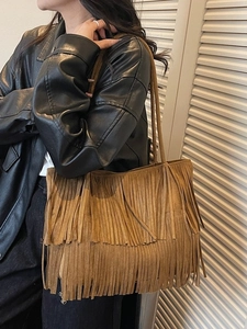Borsa Tote in Pelle Scamosciata Sintetica con Frange da Donna Borsa a Tracolla Grande Capacità Boho Vintage con Tracolla Lunga