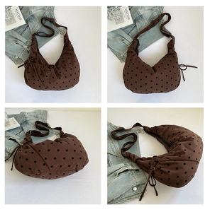 Detailed views of a brown polka dot hobo bag with pleated texture and wide strap