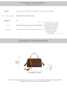 Detailed size chart and specifications for the vintage brown matte PU leather handbag