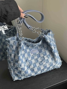 Vintage Distressed Denim Checkerboard Tote Bag For Women Large Capacity Frayed Edge Street Style Shoulder Bag With Chain Strap