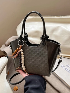 Damen Urban Einfach PU Leder Schachbrettmuster Eimertasche Perlenanhänger Schultertasche Umhängetasche Mode Tote Bag
