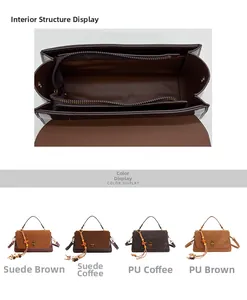 Detailed view of the suede crossbody bag interior with a functional zipper pocket