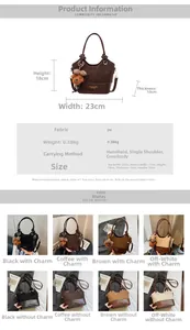 Detailed size specifications and multi-color options for vintage PU leather bucket bag