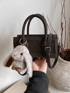 Women's Fashion PU Leather Small Square Bag With Plush Rabbit Pendant Vintage Shoulder Crossbody Handbag Retro Daily Casual Tote Bag