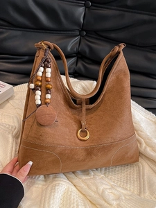 Women Suede Hobo Underarm Bag Vintage Contrast Stitching Shoulder Bag With Wooden Beads Pendant Set With Pouch Bag For Daily