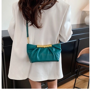 Detailed view of deep green pleated cloud bag with elegant gold hardware and thin strap