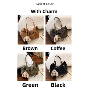 Detailed grid of large tote bags in four colors with cute plush bunny pendants