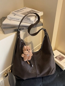 Retro faux suede tote bag in dark coffee with large capacity and cute bear charm