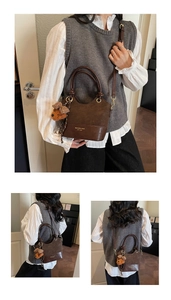 Brown leather handbag with adjustable strap and cute bear pendant shown in multiple angles