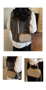 Detail of beige quilted leather square bag with gold hardware and logo B pattern
