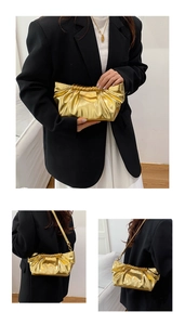 Detailed views of gold metallic pleated clutch bag showing hand-held and crossbody styling