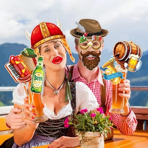 Detailed view of Oktoberfest photo booth props featuring beer mugs and Alpine scenery