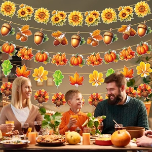 Detail showing autumn Thanksgiving banner set with pumpkin, turkey, and maple leaves decor
