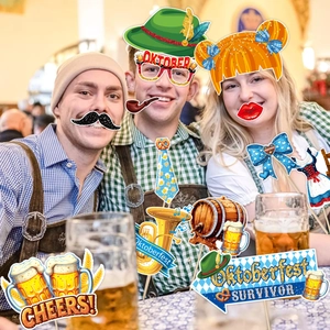 Oktoberfest party photo booth props with beer mugs and fun hats for festive celebrations