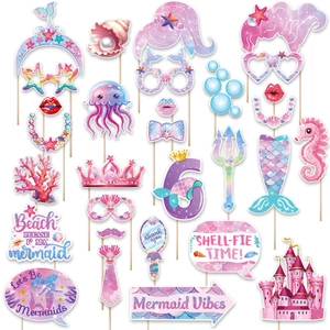 25-piece mermaid party photo booth props with glitter effect and sea-themed designs