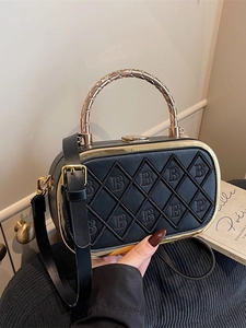 Retro black box handbag with gold trim, quilted 'B' embroidery and snake skin handle