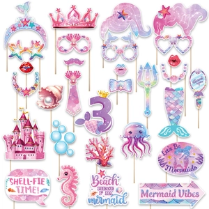 25pcs Mermaid Party Photo Booth Props set with glitter crown and seashell accessories