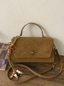 Women Retro Splicing PU Leather Shoulder Bag With Artificial Suede Flap Wooden Beads Tassel Decor Crossbody Square Bag