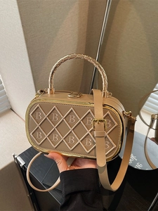 Fashionable latte brown small square bag with diamond embroidery and gold metal handle