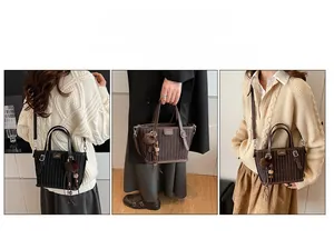 Vues détaillées du sac seau rayé montrant les styles bandoulière, à main et à l'épaule