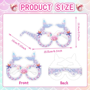 Mermaid theme party photo prop glasses with shell and starfish decor, size dimensions shown