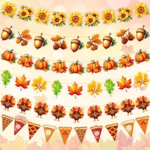 Thanksgiving Theme Banner Cardboard Garland Fall Autumn Festival Bunting Pumpkin Turkey Maple Leaf Wall Hanging Decoration