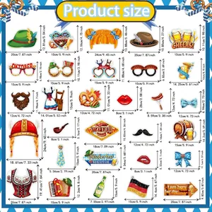 Size chart for 25 Oktoberfest photo booth props including hats and beer mugs