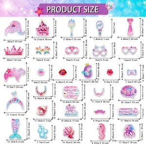 Size chart for 25pcs mermaid photo booth props set with detailed dimensions in cm and inch