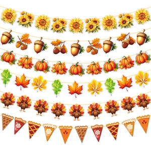 2025 Thanksgiving banner set with sunflowers, pumpkins, autumn leaves and festive turkeys