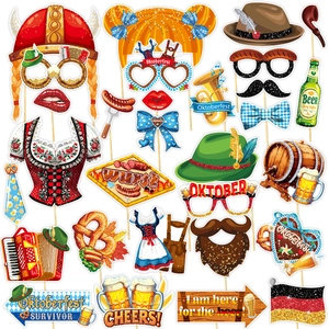 Oktoberfest photo booth props set with Bavarian costumes, beer mugs and party signs