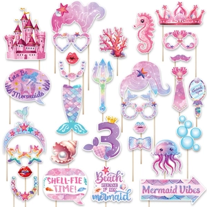 Mermaid Theme Party Photo Booth Props Pink Purple Ocean Style Paper Cardboard Sticks Birthday Celebration Accessories