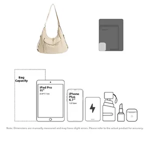 Detailed capacity showcase of beige nylon tote bag with 11-inch iPad Pro and essentials