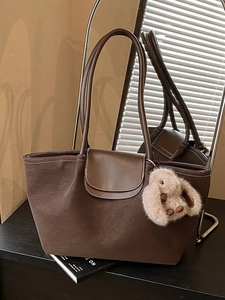 Retro large capacity dark brown underarm tote bag with cute plush bunny charm detail