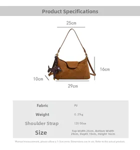 Detailed size chart for retro PU leather pillow bag with dog charm and strap specs