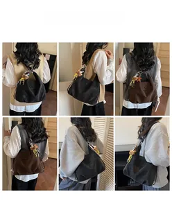 Collage of large tote bag in black and coffee brown PU leather worn by model in home setting