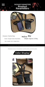 Detailed technical diagram of black PU leather tactical vest bag showing size and weight