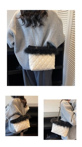 Close-up of quilted white leather bag with black faux fur trim and gold chain strap