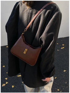 Detail of a dark brown crossbody bag with a gold metal clasp shown on a model outdoors