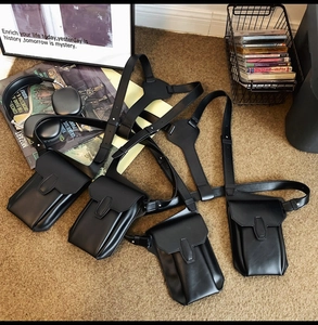 Tactical black PU leather harness bags displayed with stylish street fashion accessories