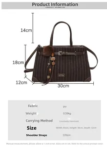 Detailed dimensions of brown striped handbag with decorative fur ball and strap length